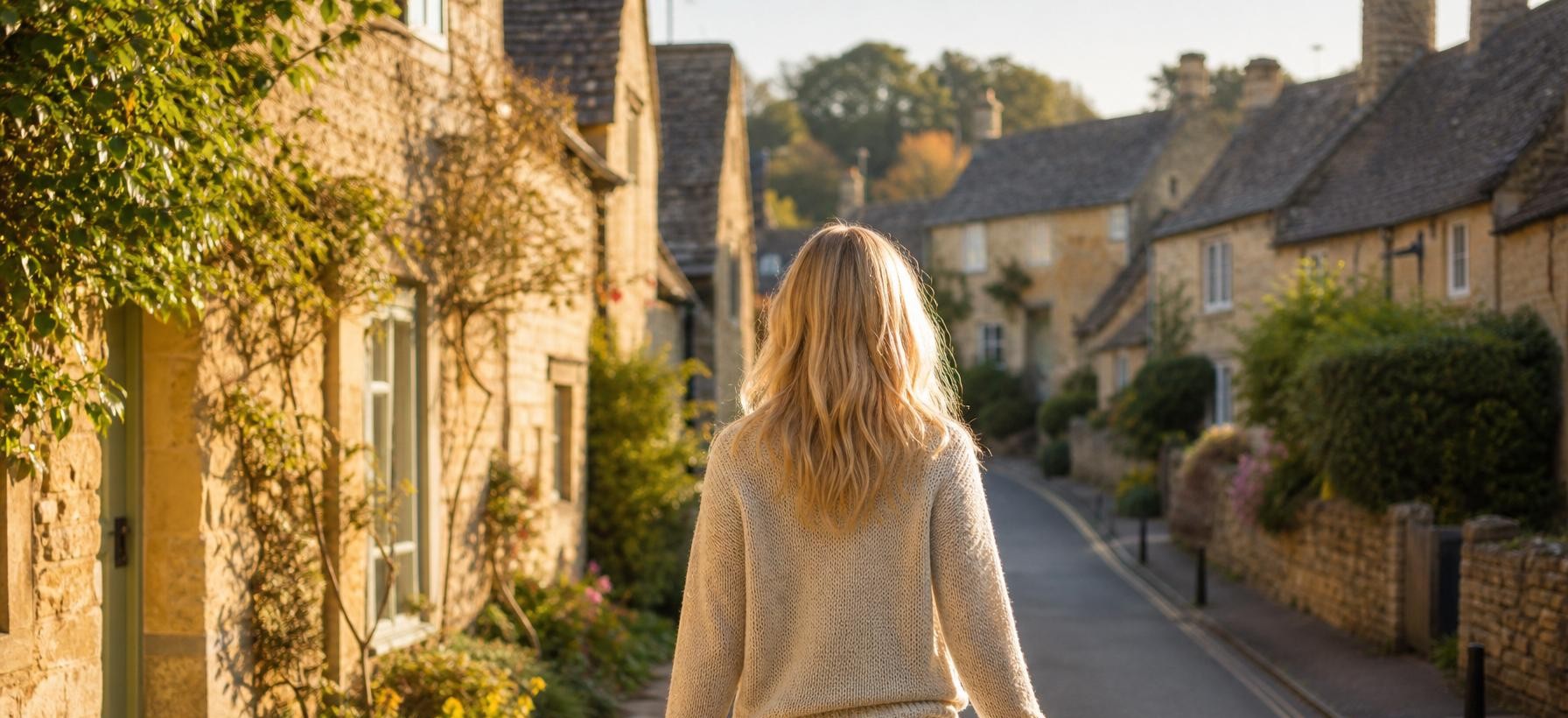 Coco walking through a Cotswolds village